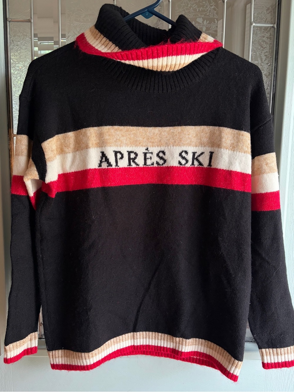 Lou & Grey Black “Apres Ski” Turtleneck Sweater with Red and Cream Stripes